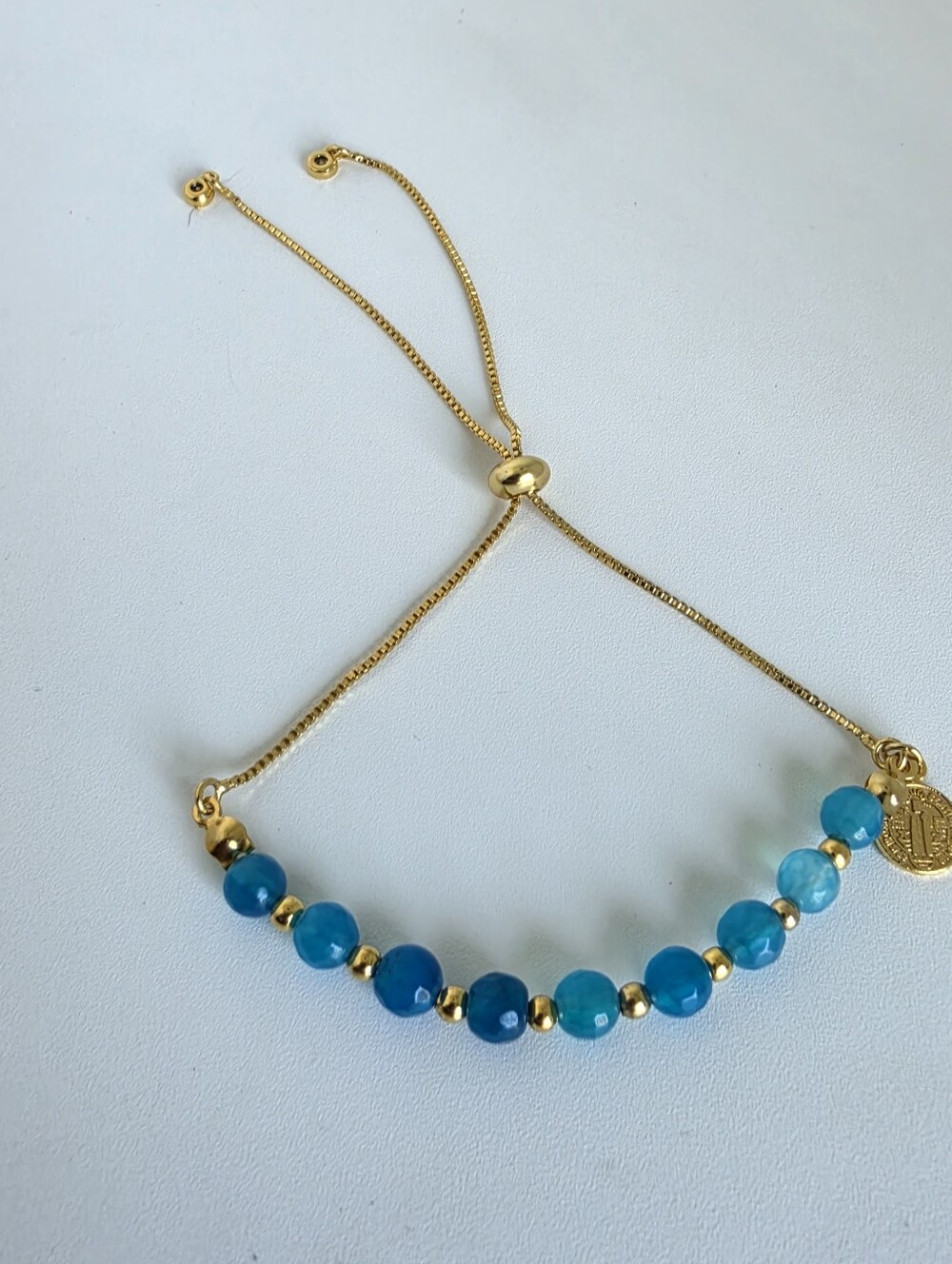 Adjustable Blue Agate Gold Tone Plated Slider Bracelet St. Benedict Charm